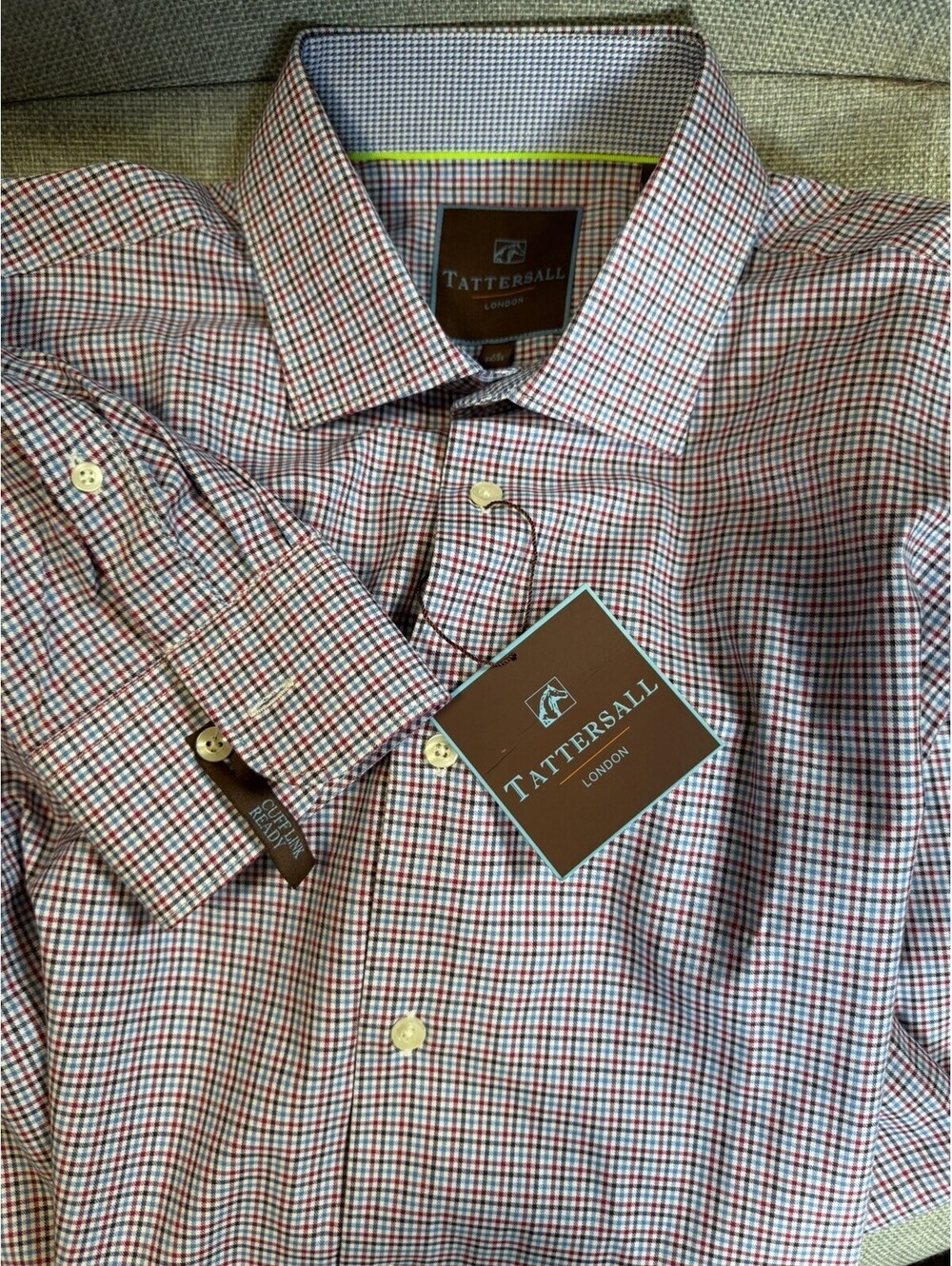 New Tattersall London Mens Shirt XL 17 34/35 Red Blue Check Long Sleeve Cotton